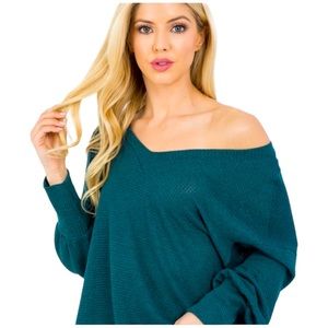 Slouchy Deep V-Neck Sweater w/Bubble Sleeves  ~ Hunter Green ~ Size S NWT
